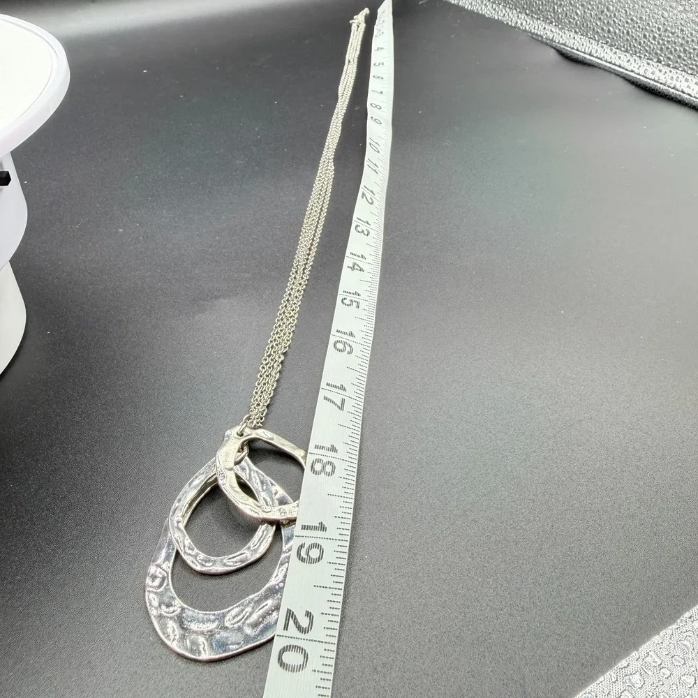 Silver Tone Hammered Triple Oval Pendant Necklace Multi Strand Boho Statement